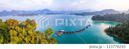 Floating bungalow on the Cheow lan Lake in Khao Sok National Park in Surat Thani, Thailand 113776283