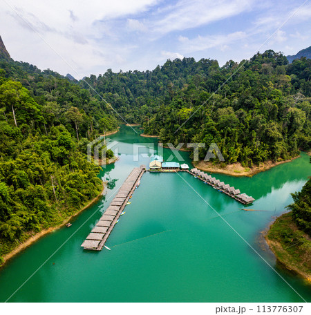 Floating bungalow on the Cheow lan Lake in Khao Sok National Park in Surat Thani, Thailand 113776307