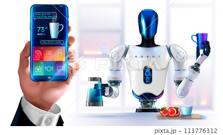Humanoid robot servant pours tea at request of human. An AI robot does housework. The robot cook in kitchen holds cup, teapot in his hand. Humanoid anthropomorphic robot with artificial intelligence. 113776312