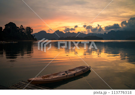 Floating bungalow on the Cheow lan Lake in Khao Sok National Park in Surat Thani, Thailand 113776318