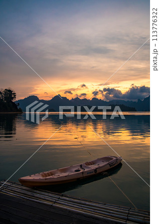 Floating bungalow on the Cheow lan Lake in Khao Sok National Park in Surat Thani, Thailand 113776322
