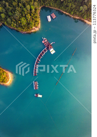 Floating bungalow on the Cheow lan Lake in Khao Sok National Park in Surat Thani, Thailand 113776324