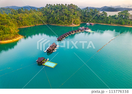 Floating bungalow on the Cheow lan Lake in Khao Sok National Park in Surat Thani, Thailand 113776338