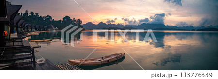 Floating bungalow on the Cheow lan Lake in Khao Sok National Park in Surat Thani, Thailand 113776339