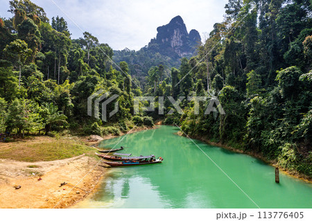 Aerial view of Khao Sok national park, in Cheow lan lake, Surat Thani, Thailand 113776405