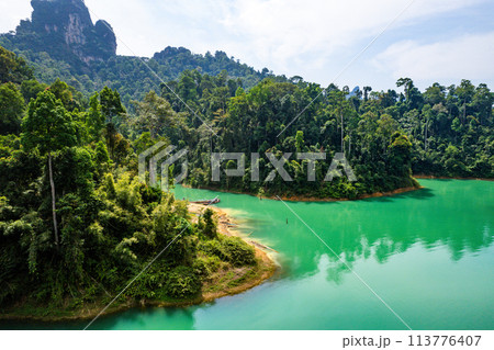 Aerial view of Khao Sok national park, in Cheow lan lake, Surat Thani, Thailand 113776407