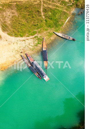 Aerial view of Khao Sok national park, in Cheow lan lake, Surat Thani, Thailand 113776416