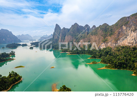 Aerial view of Khao Sok national park, in Cheow lan lake, Surat Thani, Thailand 113776420
