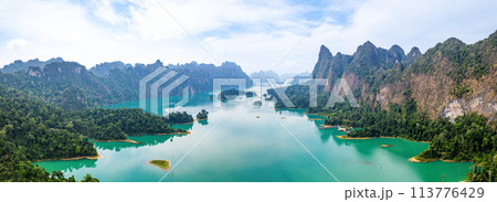 Aerial view of Khao Sok national park, in Cheow lan lake, Surat Thani, Thailand 113776429