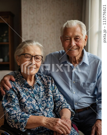 Happy elderly senior smile man and woman in nursing home. 113776821