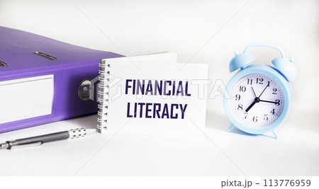 Financial literacy written on a piece of notepad and a white background. Education concept. Financial literacy written on a piece of notepad and a white background. Education concept. 113776959