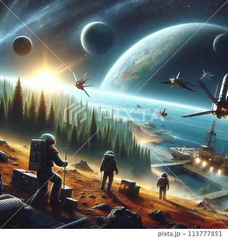 Illustration for a science fiction story about the conquest of galaxies and the colonization of new planets by humans 113777851