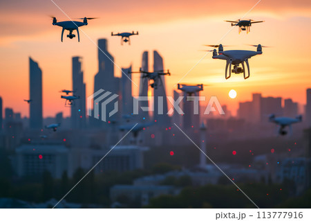 group of drones over city at summer morning 113777916