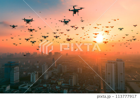 swarm of drones over city at summer sunset or sunrise 113777917