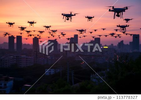 Swarm Of Drones Over City At Summer Sunset Or...のイラスト素材 [113778327] - PIXTA