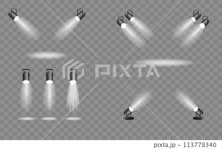 Spotlight lighting. Light source studio lighting walls spotlight. Light beams light effect. Vector 113778340