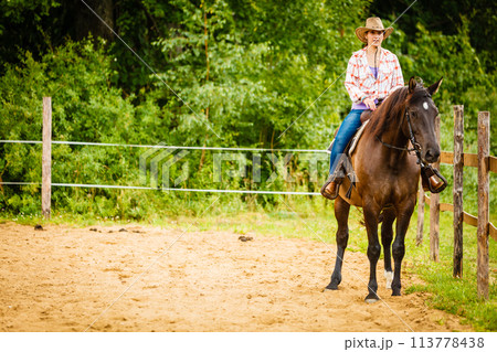 Cowgirl doing horse riding on countryside meadow 113778438