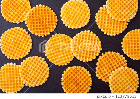 Tasty breakfast . Sweet golden Belgian waffles Tasty breakfast . Sweet golden Belgian waffles 113778613
