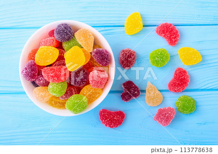 Sweet dessert . Colored marmelade candy . Food background 113778638