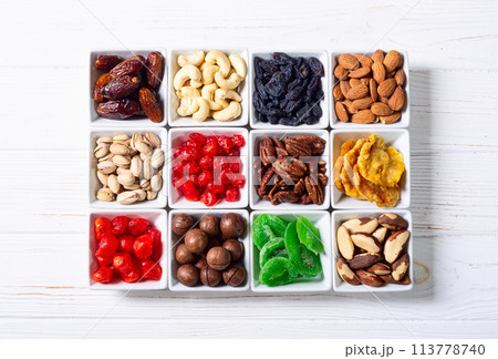 Mix of dried and candied fruits and nuts Mix of dried and candied fruits and nuts 113778740