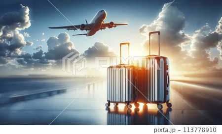 Travel concept. Closeup of two plastic suitcases standing at empty airport corridor, terminal hall, banner for air travelling Travel concept. Closeup of two plastic suitcases standing at empty airport corridor, terminal hall, banner for air travelling 113778910