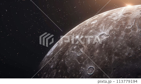 Closeup view of the Moon in space with sunlight shining on it 113779194