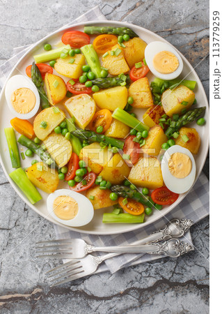 Summer salad with potatoes, green peas, asparagus, boiled egg and tomato closeup on the plate. Vertical top view Summer salad with potatoes, green peas, asparagus, boiled egg and tomato closeup on the plate. Vertical top view 113779259