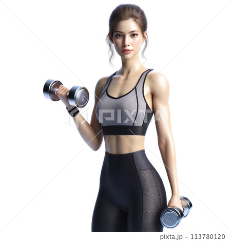 ダンベルを持つ筋トレ女子 ダンベルを持つ筋トレ女子 113780120