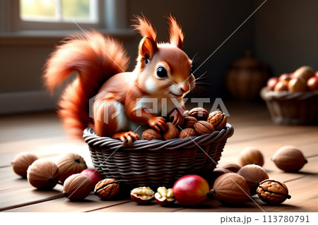 squirrel with nuts in a basket 113780791