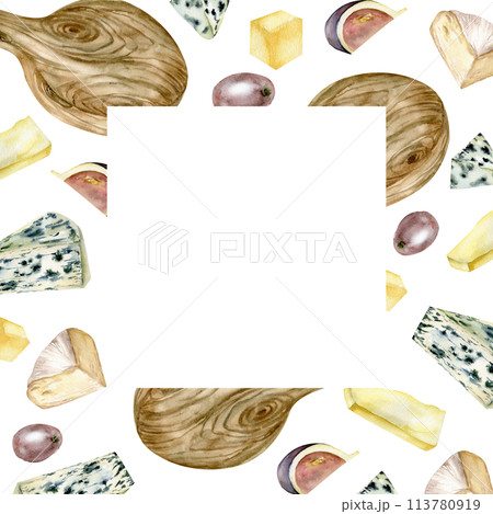 Cheese plate watercolor square frame. Hand drawn food illustration with brie, camembert, white cheese, cheddar and figs fruits for product packing, menu, restaurant design 113780919