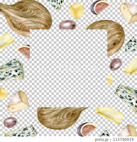 Cheese plate watercolor square frame. Hand drawn food illustration with brie, camembert, white cheese, cheddar and figs fruits for product packing, menu, restaurant design 113780919