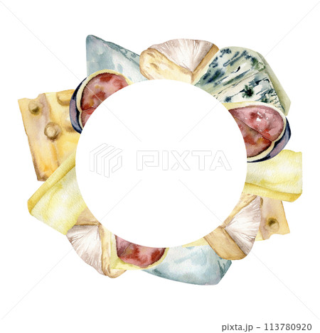Cheese plate watercolor frame. Hand drawn food illustration with brie, camembert, white cheese, cheddar and figs fruits for product packing, menu, restaurant design 113780920