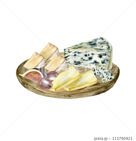 Watercolor organic healthy food illustration. Cut cheese on wooden plate with figs and grapes. Cheese plate with camembert, brie and pieces on round dish for menu, restaurant, packing design. 113780921