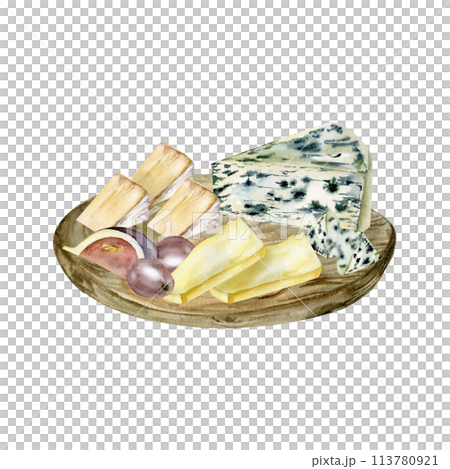 Watercolor organic healthy food illustration. Cut cheese on wooden plate with figs and grapes. Cheese plate with camembert, brie and pieces on round dish for menu, restaurant, packing design. 113780921