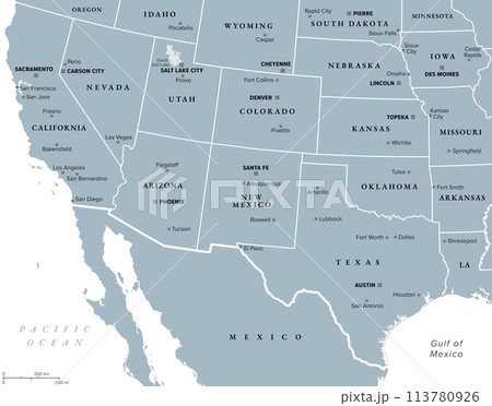 Southwest region of the United States, gray political map. States of American Southwest, simply Southwest. Geographical and cultural region, bordered by Mexico. Arizona, New Mexico, Nevada and Texas. Southwest region of the United States, gray political map. States of American Southwest, simply Southwest. Geographical and cultural region, bordered by Mexico. Arizona, New Mexico, Nevada and Texas. 113780926