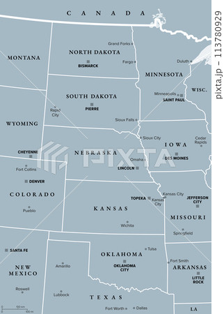 Great Plains Region of the United States, gray political map. Sometimes simply the Plains, are a broad expanse of flatland in North America, located between the Rocky Mountain and the Midwest region. 113780929