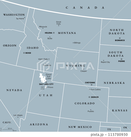 Rocky Mountain region of the United States, gray political map. Rocky Mountains, Rockies for short, divide the western United States from the Great Plains. Colorado, Idaho, Montana, Wyoming, and Utah. 113780930