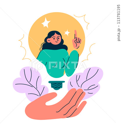 Woman hold finger up generate idea, solve problem 113781195