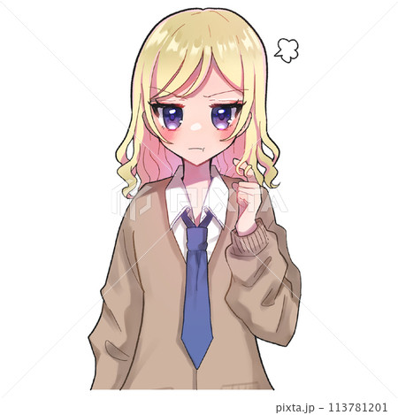 金髪の女子学生のアニメ風イラスト　怒り 113781201