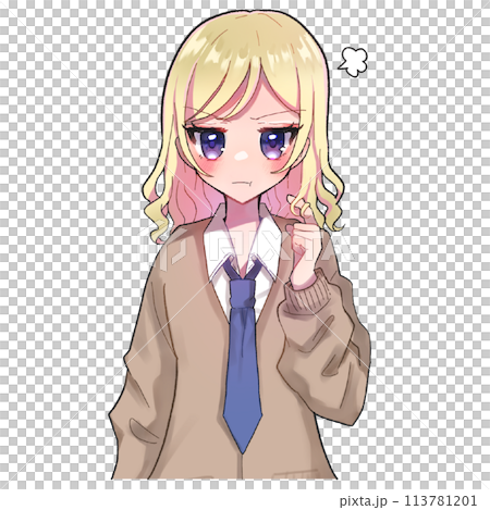 金髪の女子学生のアニメ風イラスト　怒り 113781201