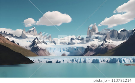 Beautiful landscape with glacier and lake. 3d rendering. Computer digital drawing. Generative AI Beautiful landscape with glacier and lake. 3d rendering. Computer digital drawing. Generative AI 113781214