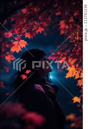 紅葉と女性 「AI生成画像」シルエット 神秘的な空模様 #AI #生成画像 113781236