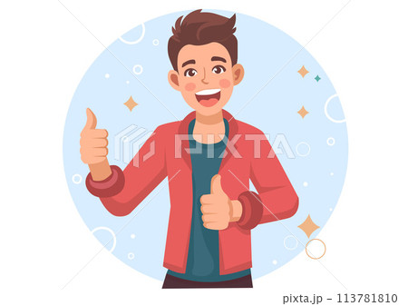 Young man shows thumb up. Gesture cool. Flat vector illustration isolated on white background Young man shows thumb up. Gesture cool. Flat vector illustration isolated on white background 113781810