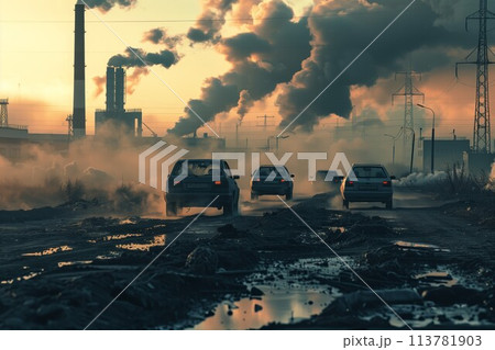 Cars driving through industrial wasteland 113781903