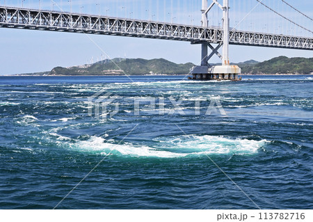 観潮船から見た渦潮と大吊り橋　鳴門海峡の渦潮　鳴門のうず潮　人気観光スポット 113782716