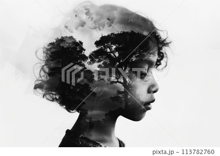 Double exposure child portrait with forest scenery Double exposure child portrait with forest scenery 113782760