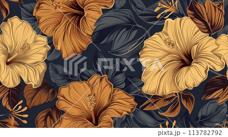 Golden Orange Floral Illustration on Dark Backdrop 113782792