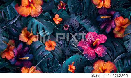 Lush tropical flowers in cool tones 113782806