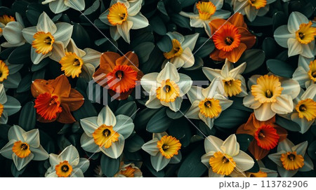 Daffodils in varying shades of orange and yellow 113782906