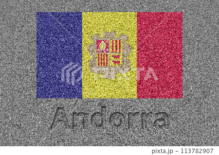 石板の上に描かれたアンドラの国旗と、掘ったような「Andorra」の文字 石板の上に描かれたアンドラの国旗と、掘ったような「Andorra」の文字 113782907